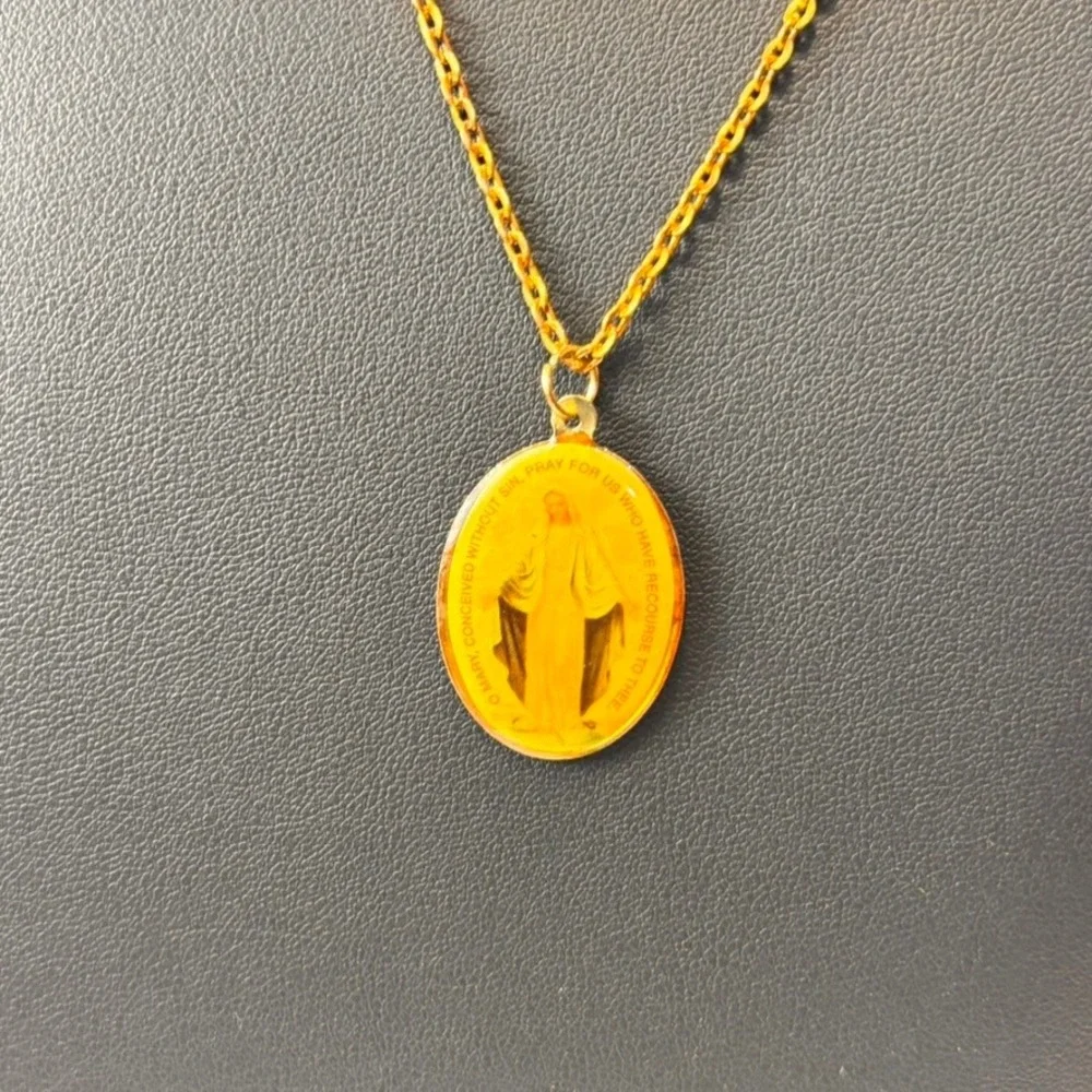 Vintage Miraculous Medal Necklace Gold Yellow Resin Religious Catholic Statement